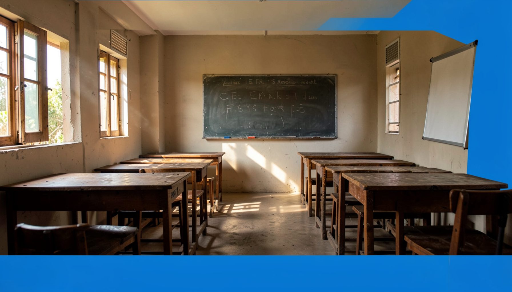 Warm sunlit classroom with wooden desks and a chalkboard in a modest West African school building, tones of amber and brown